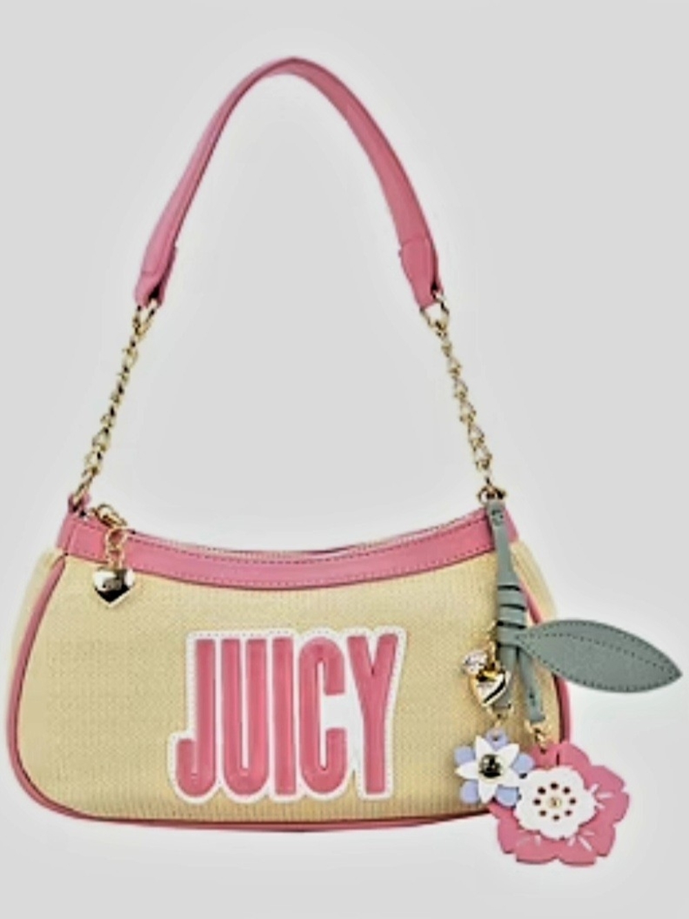 NWT Juicy Couture Pink-Trim Straw Shoulder Bag with Floral Charm
